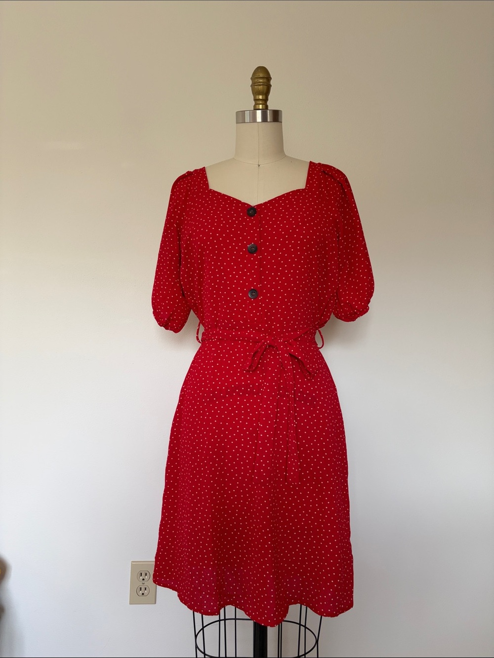 Red Polka Dot Midi Dress with Button Front and Tie Waist